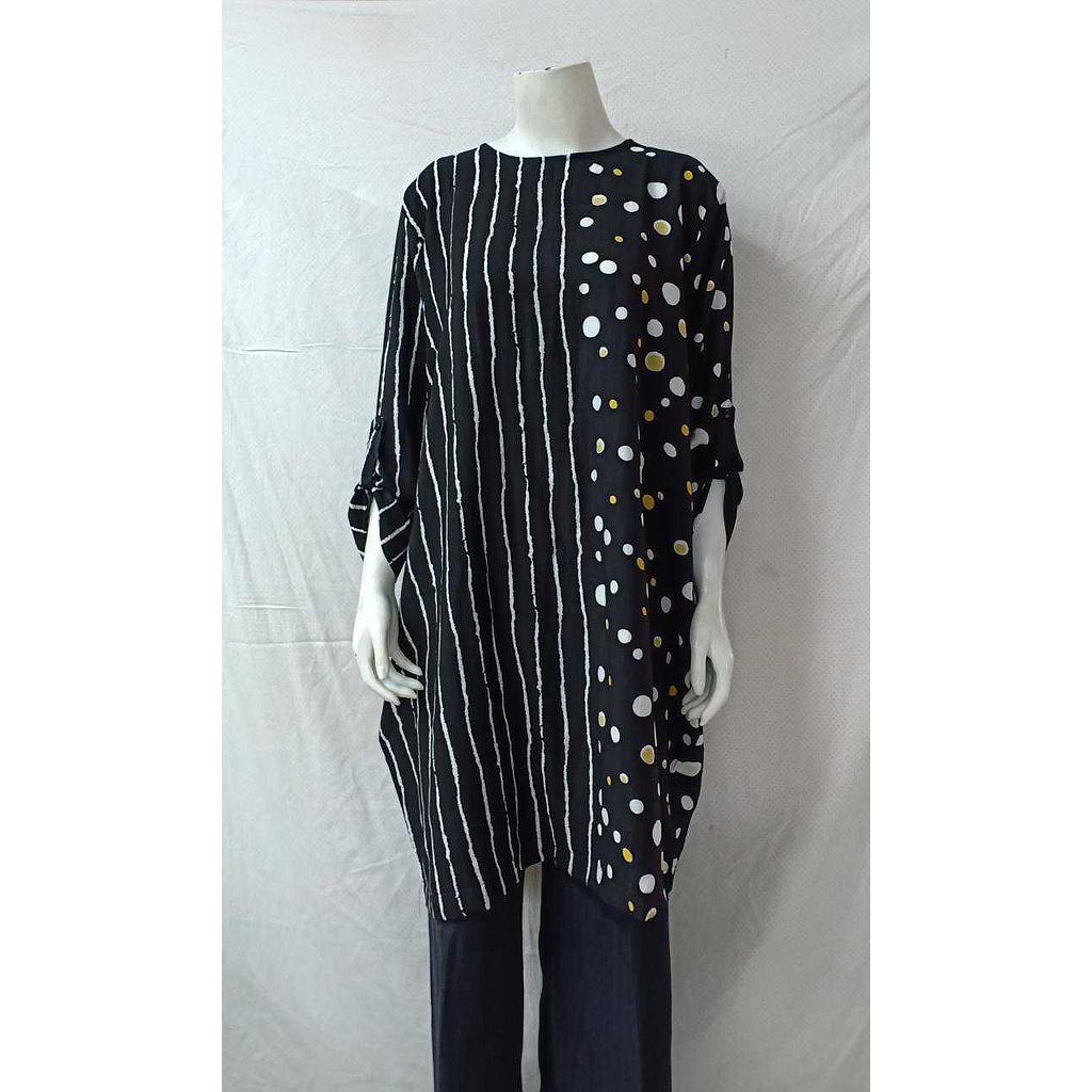 Pakaian Wanita Tunik Salur Kombinasi Polkadot