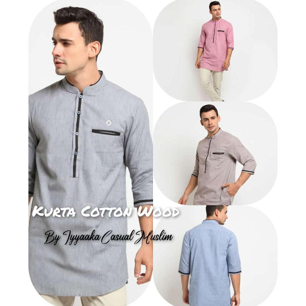 Pakaian Pria Busana Muslim Kurta Cotton Wood Lengan 3/4